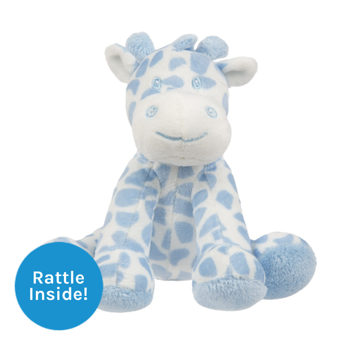 A Baby Blue Bing Bing Rattle Giraffe, measuring approx. 5.5 inches sitting.