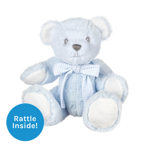 A Hug-a-Boo Blue Rattle Bear, measuring approx. 5 inches sitting.