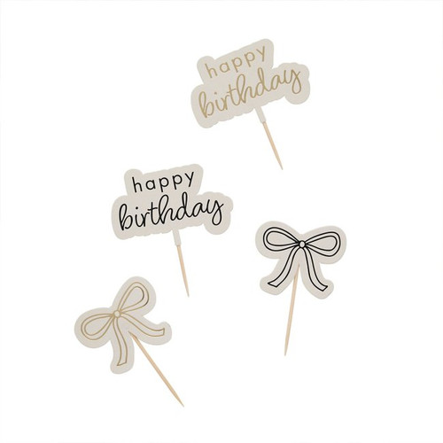 A pack of 12 Happy Birthday Black & Gold Bow Food Picks, manufactured by Hootyballoo.