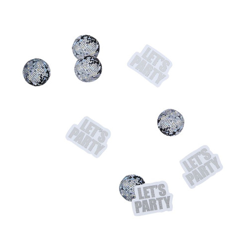 A 14g pack of Silver Disco Let's Party Table Scatter, manufactured by Hootyballoo.