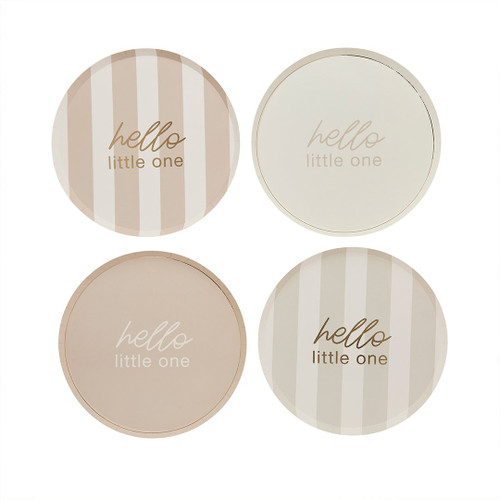 A set of 8 Neutral Hello Little One Assorted Paper Plates, manufactured by Hootyballoo.