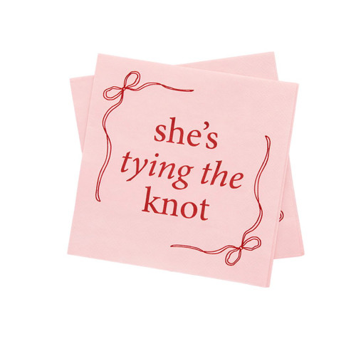 A pack of 16 Pink & Red She's Tying The Knot Bow Paper Napkins, manufactured by Hootyballoo.
