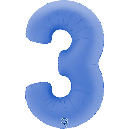 A 40 inch Lotus Blue Number 3 Soft Matte Foil Balloon, manufactured by Grabo.