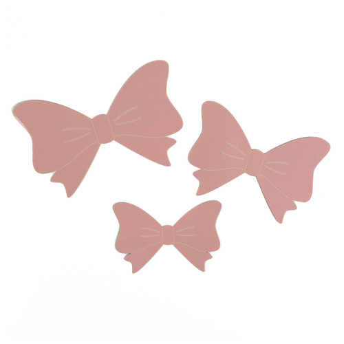 A pack of 12 light pink 3D bow adhesive decorations, manufactured by Oaktree.