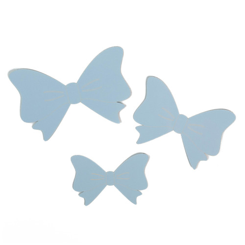 A pack of 12 light blue 3D bow adhesive decorations, manufactured by Oaktree.