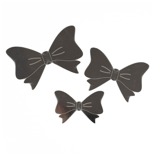 A pack of 12 metallic silver 3D bow adhesive decorations, manufactured by Oaktree.