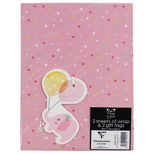 A pack of 2 sheets of Baby Girl Elephant Gift Wrap with Tags, measuring approx. 50cm x 70cm.