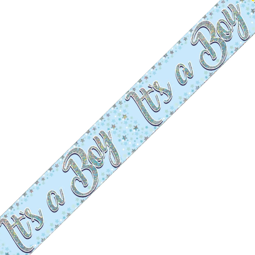 An It's A Boy Blue Holographic Foil Banner, measuring approx. 2.6m.