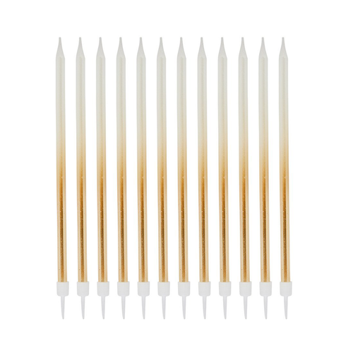 A pack of 12 Gold Ombre Tall Skinny Candles, manufactured by Hootyballoo.