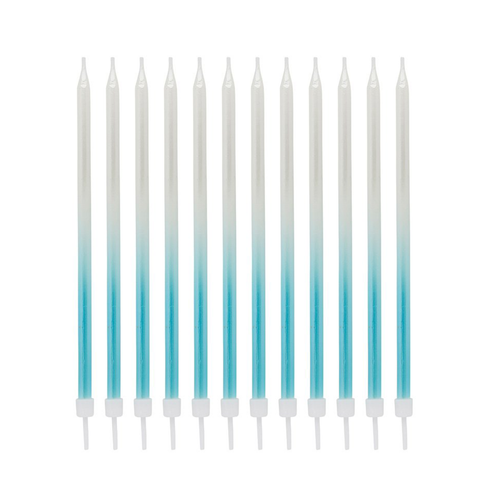 A pack of 12 Blue Ombre Tall Skinny Candles, manufactured by Hootyballoo.