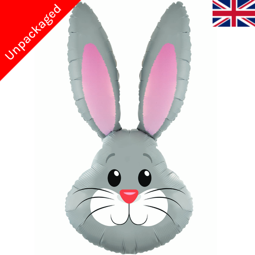 A 35 inch grey cute rabbit head foil balloon, manufactured by Oaktree.