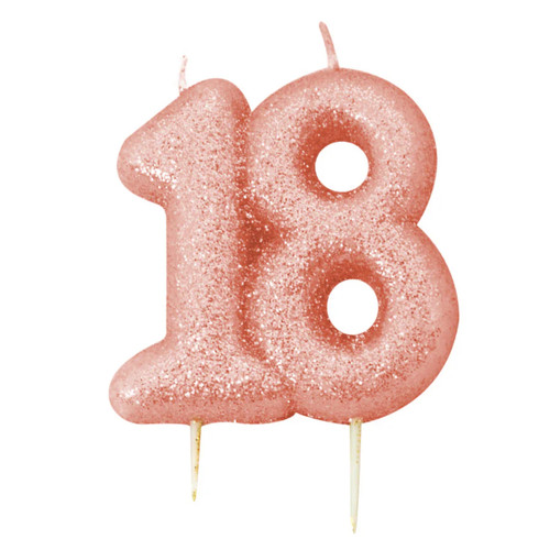 A 7cm Age Eighteen Rose Gold Glitter Candle.