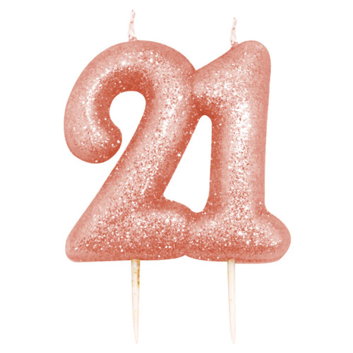 A 7cm Age Twenty One Rose Gold Glitter Candle.