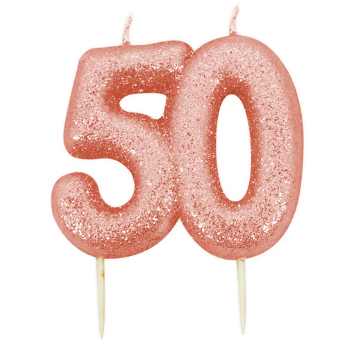 A 7cm Age Fifty Rose Gold Glitter Candle.