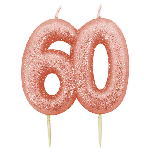 A 7cm Age Sixty Rose Gold Glitter Candle.