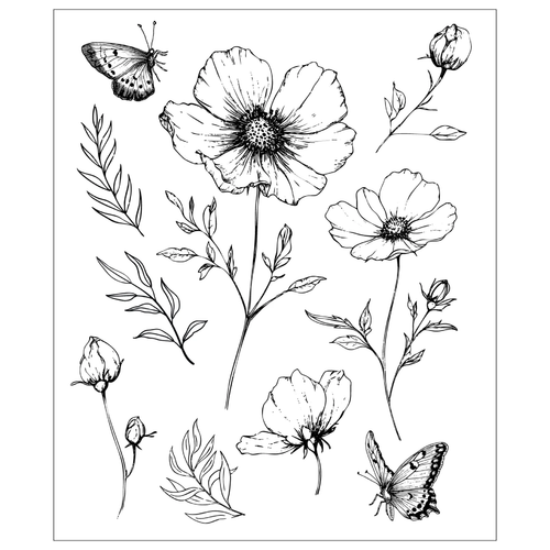 A Cosmo Flower & Butterflies by Willow Wolfe Clear Stamps Set, manufactured by Sizzix.