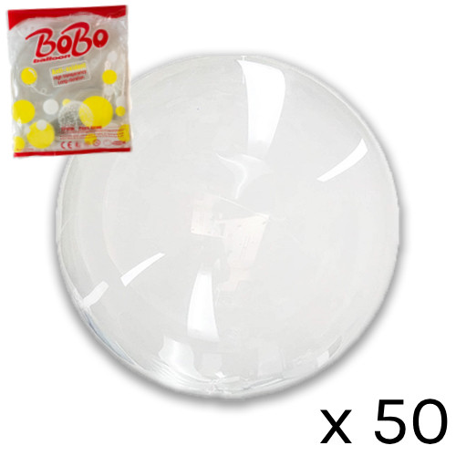 A pack of 50 10 Clear BoBo Bubble Balloons.