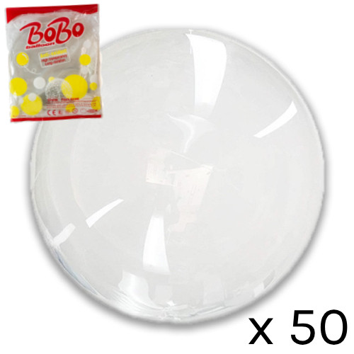A pack of 50 18 Clear BoBo Bubble Balloons.