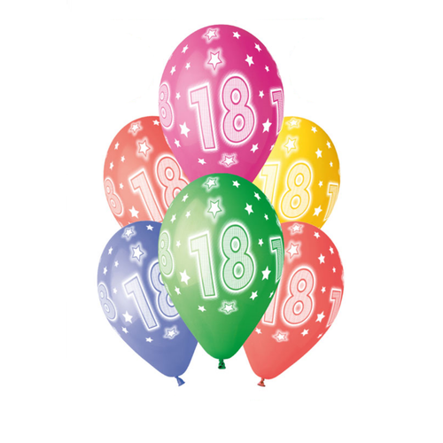 A pack of 6 13 inch Age 18 Cosmic Stars Latex Balloons, manufactured by Gemar.