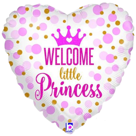 A heart-shaped 18 inch Welcome Little Princess Foil Balloon, manufactured by Betallic.