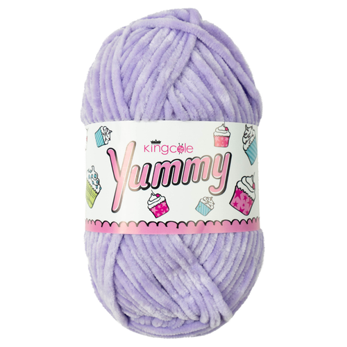 A 100g ball of Yummy Chunky Lilac Polyester Yarn, manufactured by King Cole.