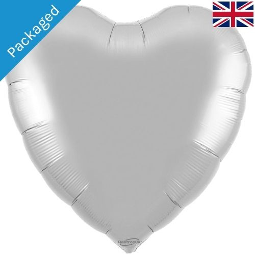 A packaged 36 inch Silver Heart Shaped Foil Balloon, manufactured by Oaktree.