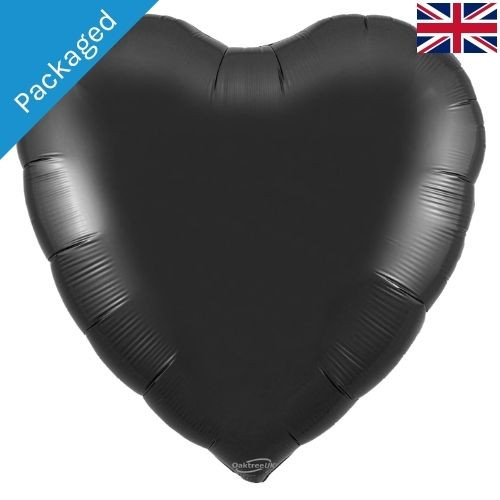 A packaged 36 inch Black Heart Shaped Foil Balloon, manufactured by Oaktree.