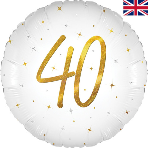 An 18 inch Age 40 White Elegant Sparkle Holographic Foil Balloon, manufactured by Oaktree.