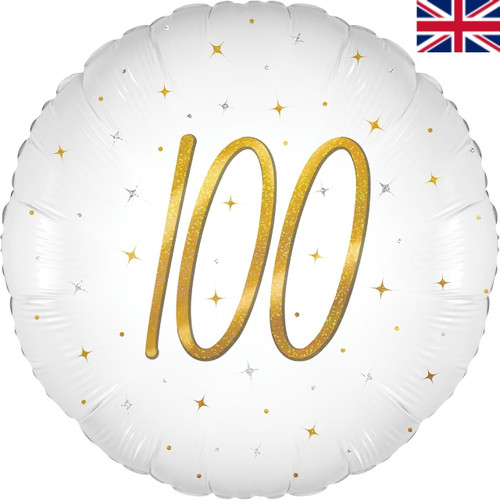 An 18 inch Age 100 White Elegant Sparkle Holographic Foil Balloon, manufactured by Oaktree.
