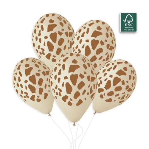 A pack of 25 13 inch Giraffe Print Latte Latex Balloons, manufactured by Gemar.