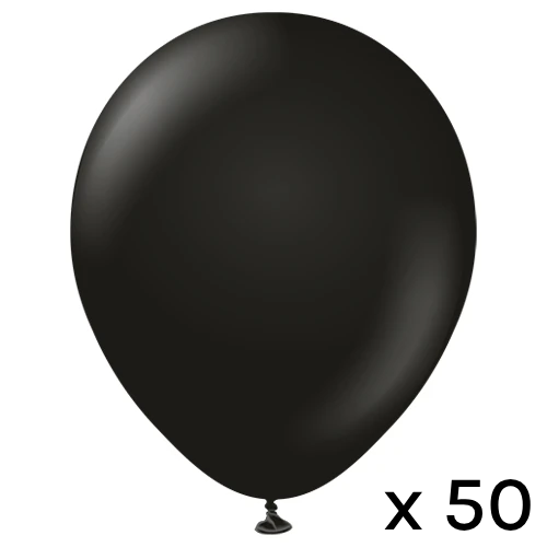A pack of 50 12" Standard Black Latex Balloons, manufactured by Kalisan.