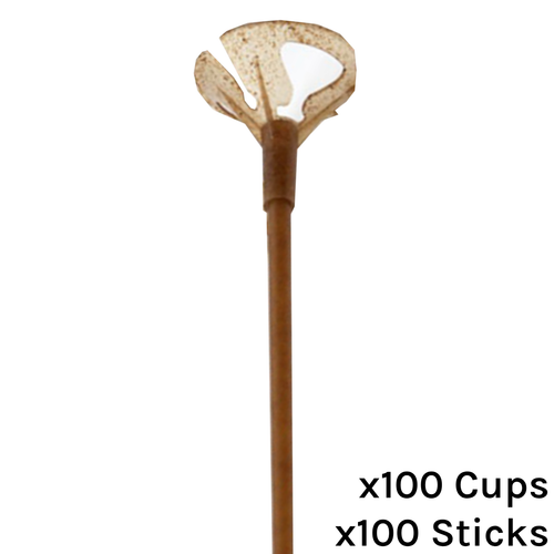 A pack of 100 Balloon Cups & Sticks.