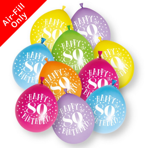 A pack of 10 9 inch Happy 80th Birthday  Neck Up Assorted Latex Balloons, manufactured by Unique.