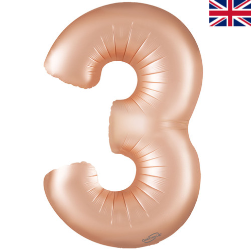 A 34 inch Satin Pastel Rose Quartz Number 3 Foil Balloon, manufactured by Oaktree.