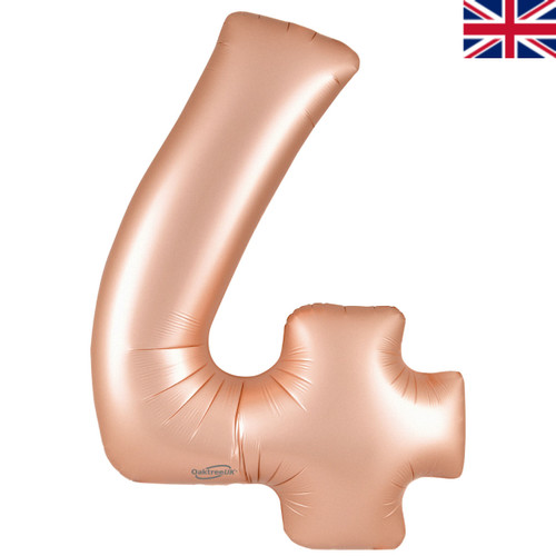 A 34 inch Satin Pastel Rose Quartz Number 4 Foil Balloon, manufactured by Oaktree.