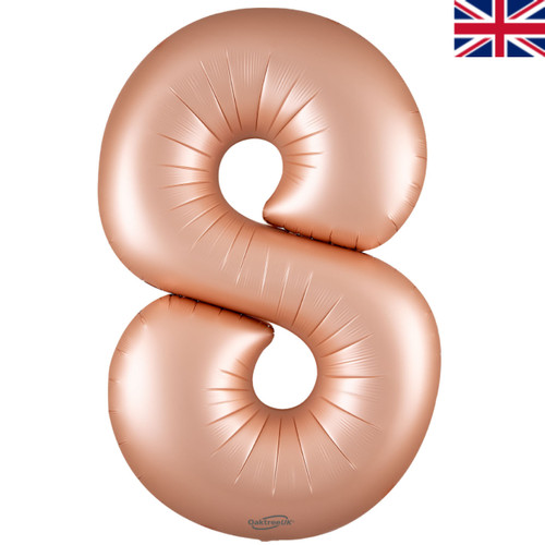 A 34 inch Satin Pastel Rose Quartz Number 8 Foil Balloon, manufactured by Oaktree.