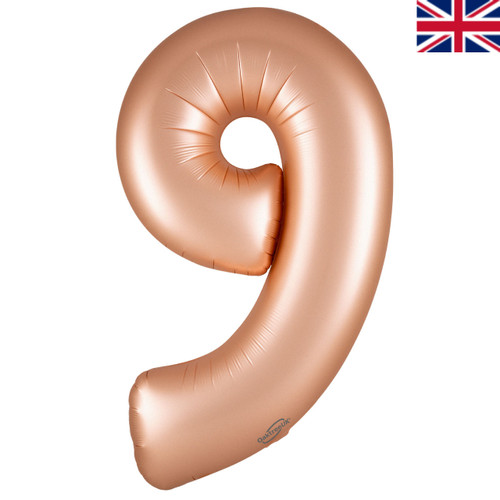 A 34 inch Satin Pastel Rose Quartz Number 9 Foil Balloon, manufactured by Oaktree.