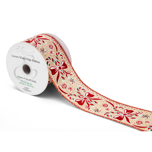 A Candy Cane Bow Wired Edge Ribbon, measuring approx. 63mm x 9.1m.