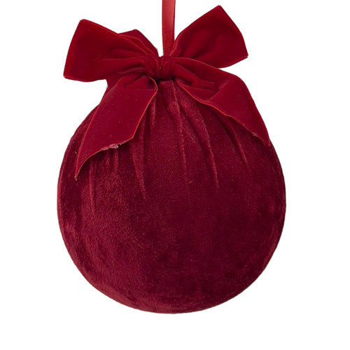 A 15cm dark red velvet bauble with bow.