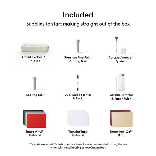 A Cricut Explore 5 Digital Cutting Machine + Essentials Bundle Kit.