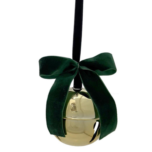 An 8cm Green Bow & Gold Bell Bauble.