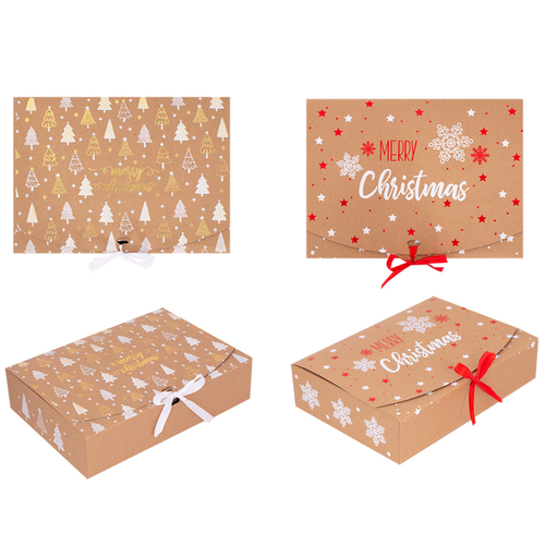 A set of 2 Christmas Kraft Gift Boxes, with Trees & Snowflakes designs.