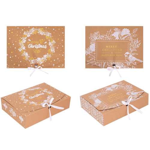 A set of 2 Christmas Kraft Gift Boxes, with Wreath & Robin designs.