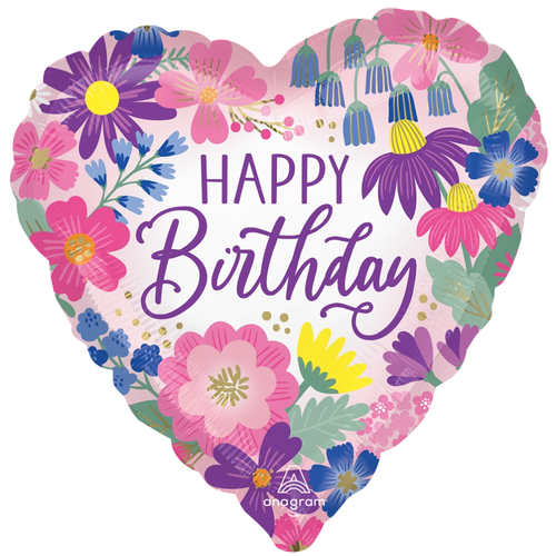 An 18 inch Happy Birthday Garden Florals Foil Balloon, manufactured by Anagram.