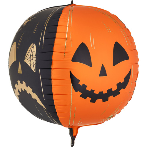 A 29 inch black and orange scary pumpkins sphere foil balloon, manufactured by PartyDeco.