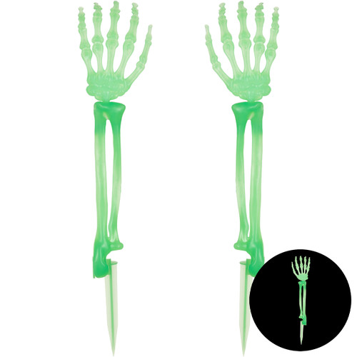A pair of glow in the dark skeleton hands, manufactured by PartyDeco.