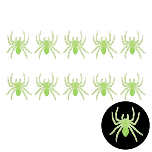 A set of 10 glow in the dark small spiders, manufactured by PartyDeco.
