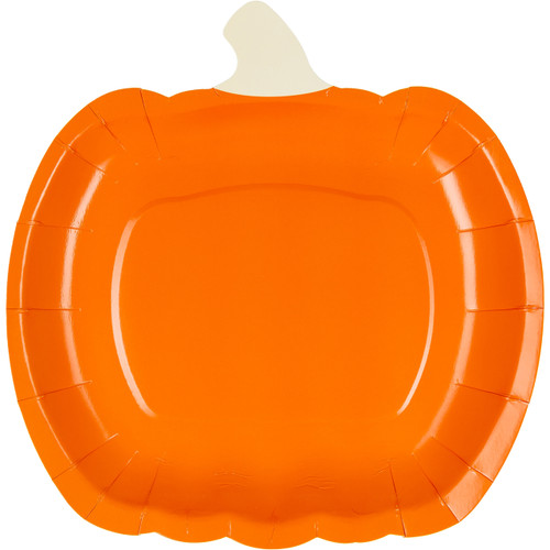 A pack of 6 orange pumpkin shaped paper plates, manufactured by PartyDeco.