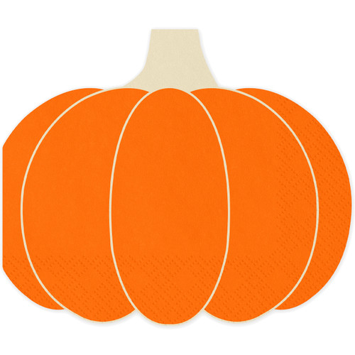 A pack of 20 orange pumpkin shaped paper napkins, manufactured by PartyDeco.
