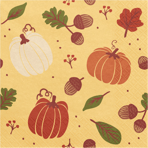 A pack of 20 pumpkins and acorns autumnal paper napkins, manufactured by PartyDeco.